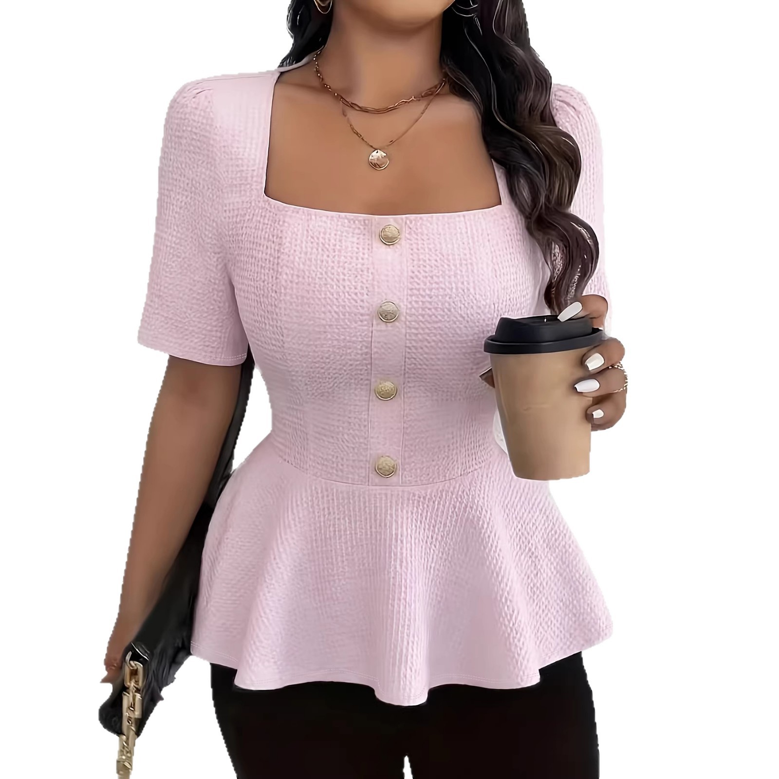 Elegant Square Neck Top With Ruffled Trim And Buttons