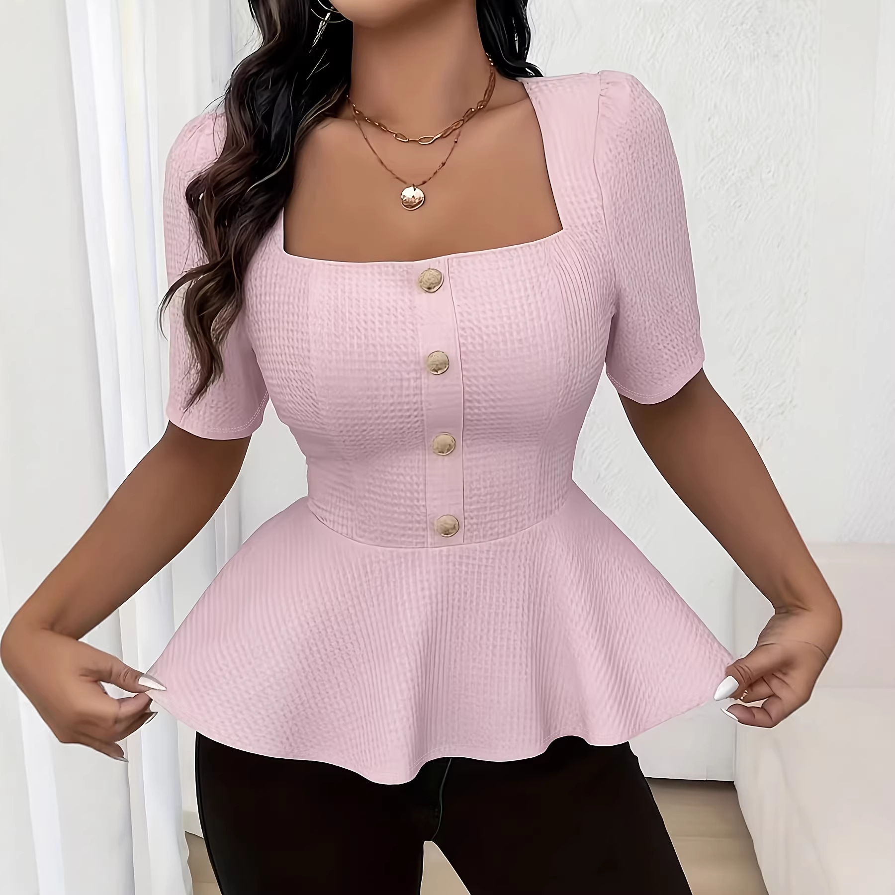 Elegant Square Neck Top With Ruffled Trim And Buttons