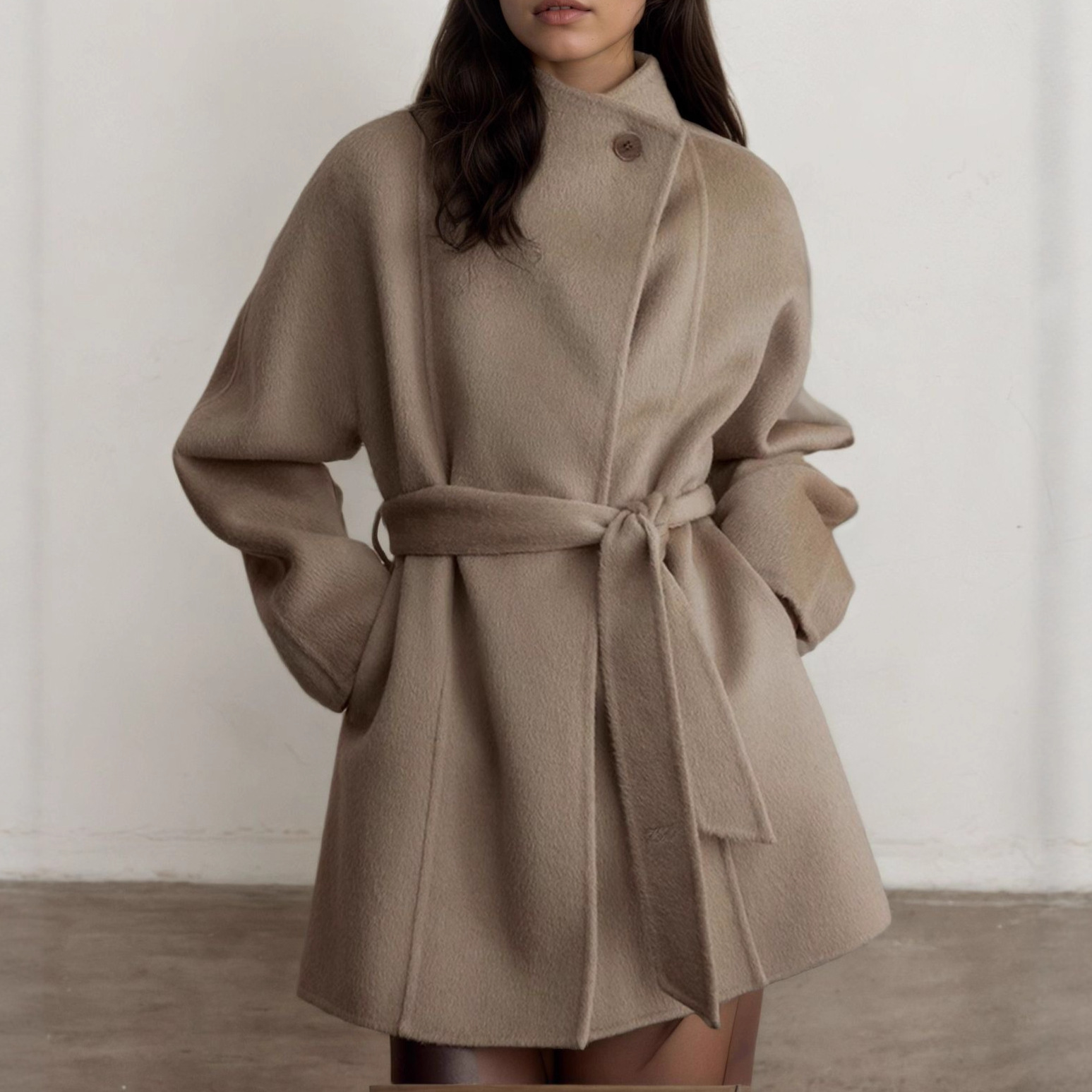 Elegant Stand-collar Wool Coat For Petite Women
