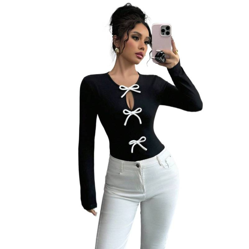 Elegant Womens Top With Bow Detail And High Slit Cinched At The Waist