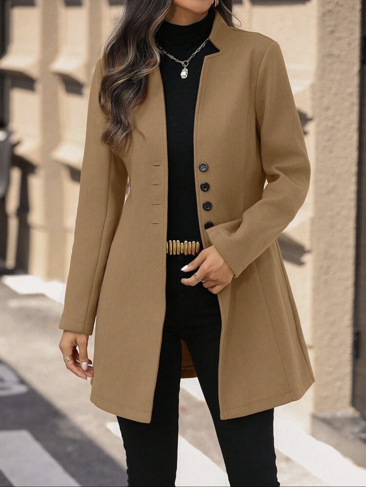 Elegant Wool Stand-collar Trench Coat Mid-length Style