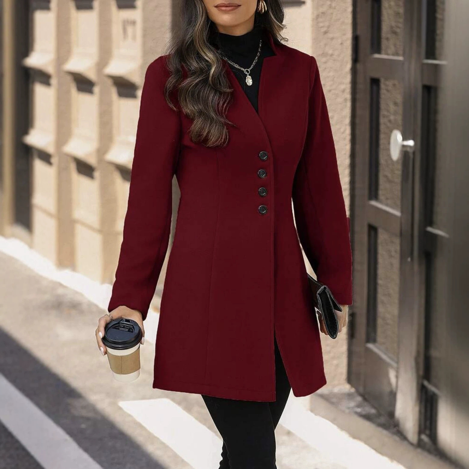 Elegant Wool Stand-collar Trench Coat Mid-length Style