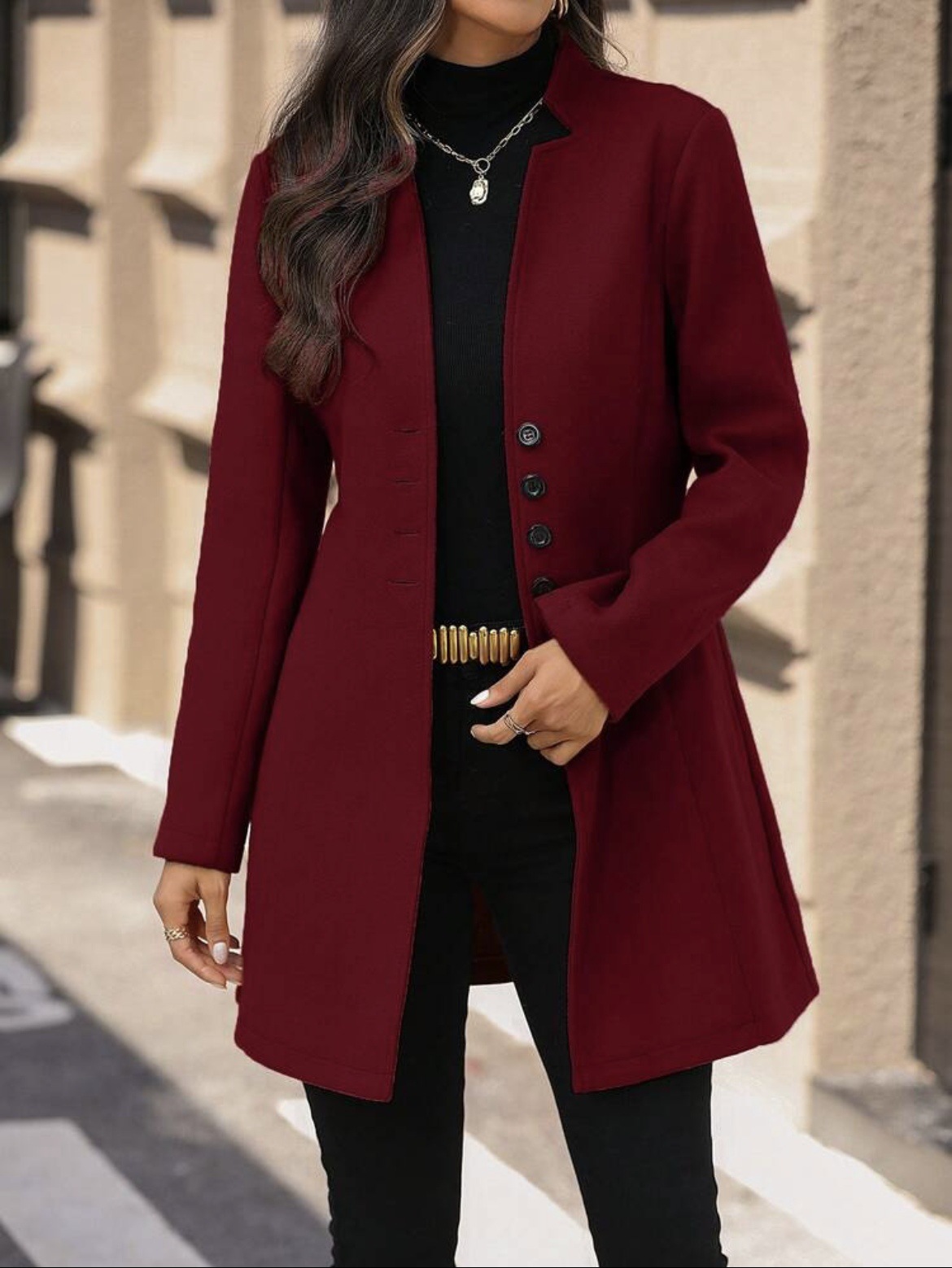 Elegant Wool Stand-collar Trench Coat Mid-length Style