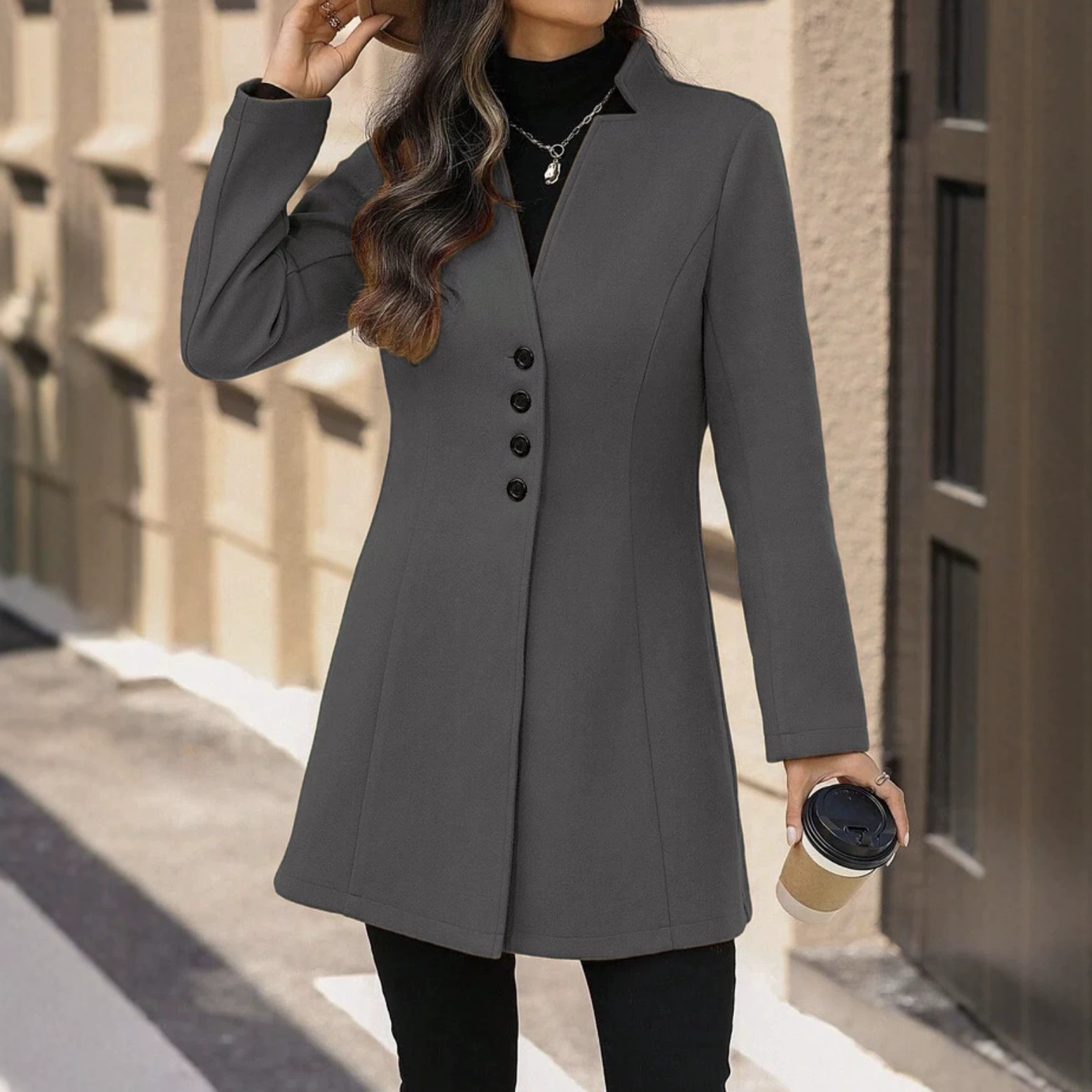 Elegant Wool Stand-collar Trench Coat Mid-length Style