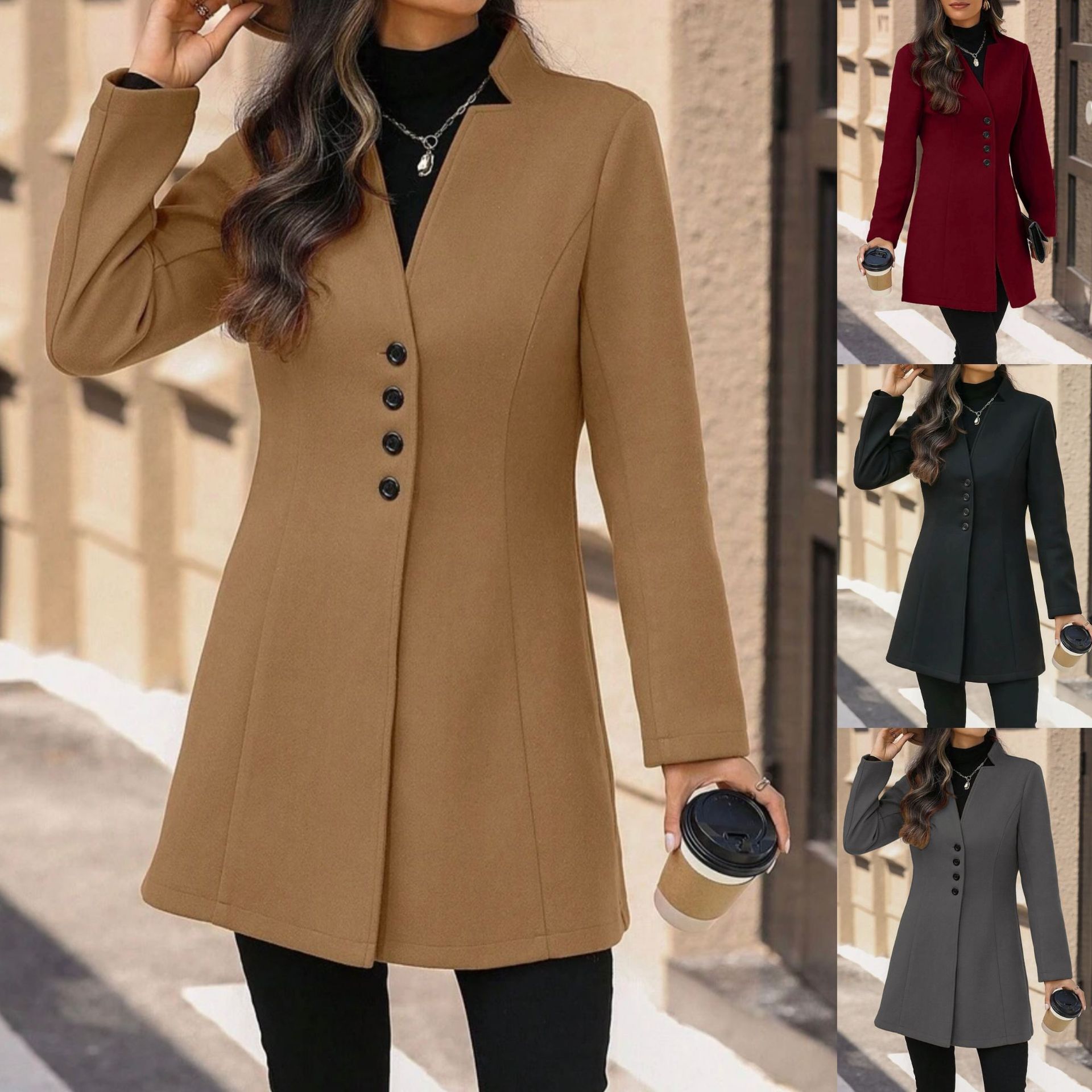 Elegant Wool Stand-collar Trench Coat Mid-length Style