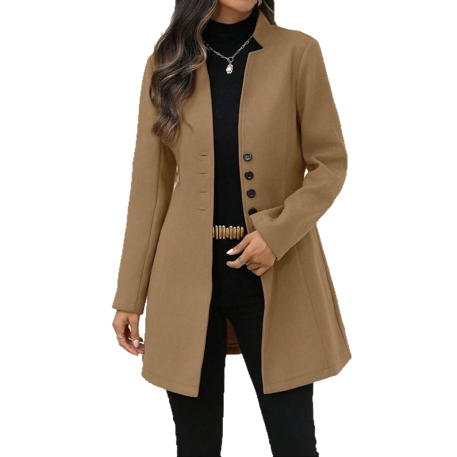 Elegant Wool Stand-collar Trench Coat Mid-length Style