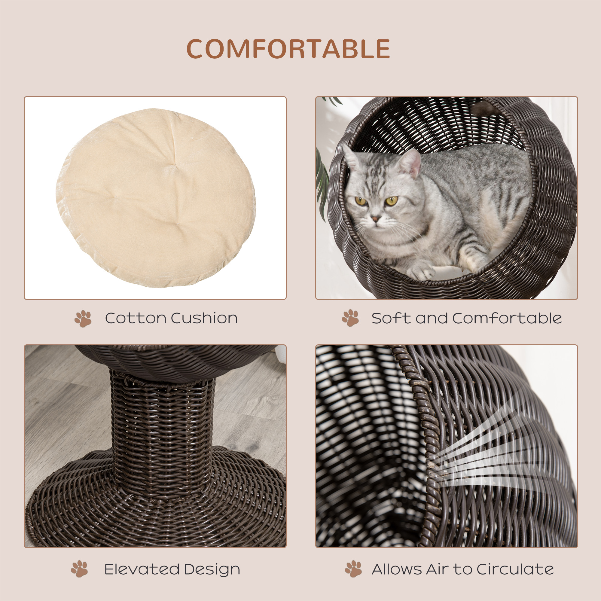 Elevated Cat Bed with Rotatable Egg Chair Pod, Cat Basket Bed with Thick Cushion, Natural