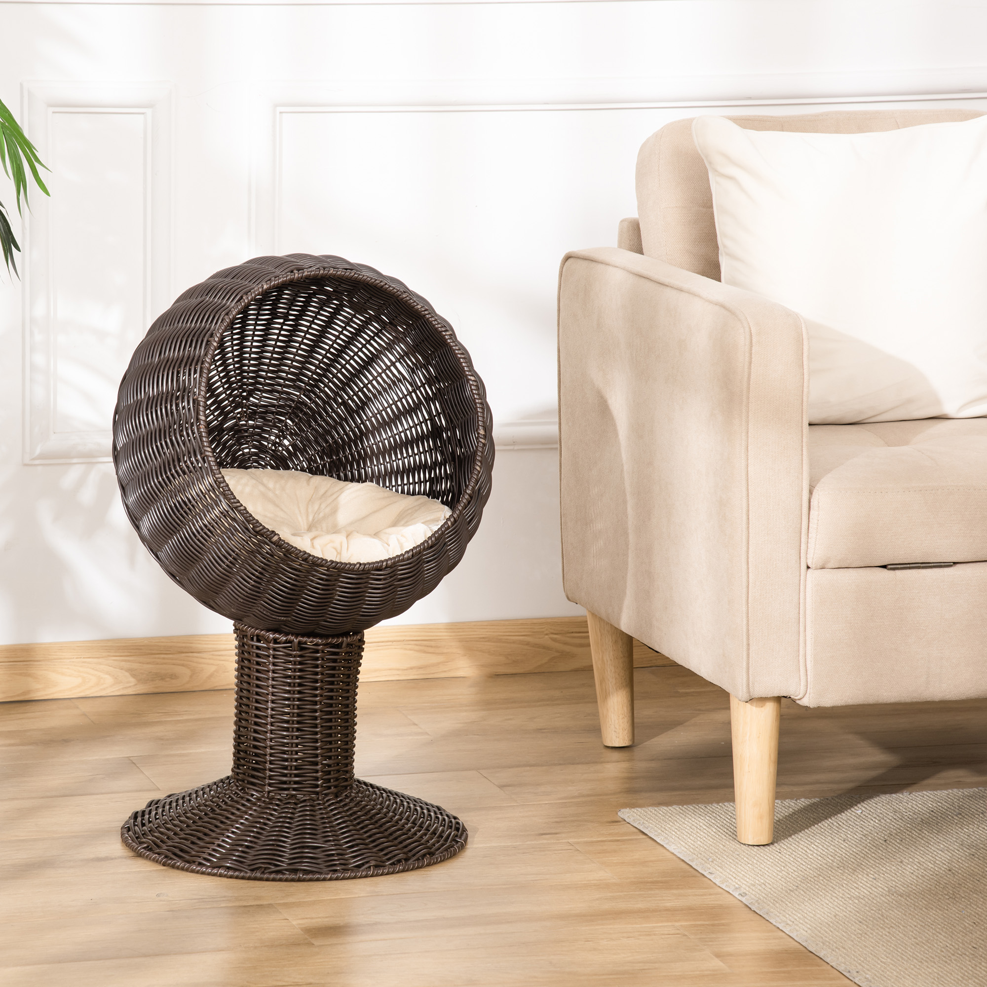 Elevated Cat Bed with Rotatable Egg Chair Pod, Cat Basket Bed with Thick Cushion, Natural