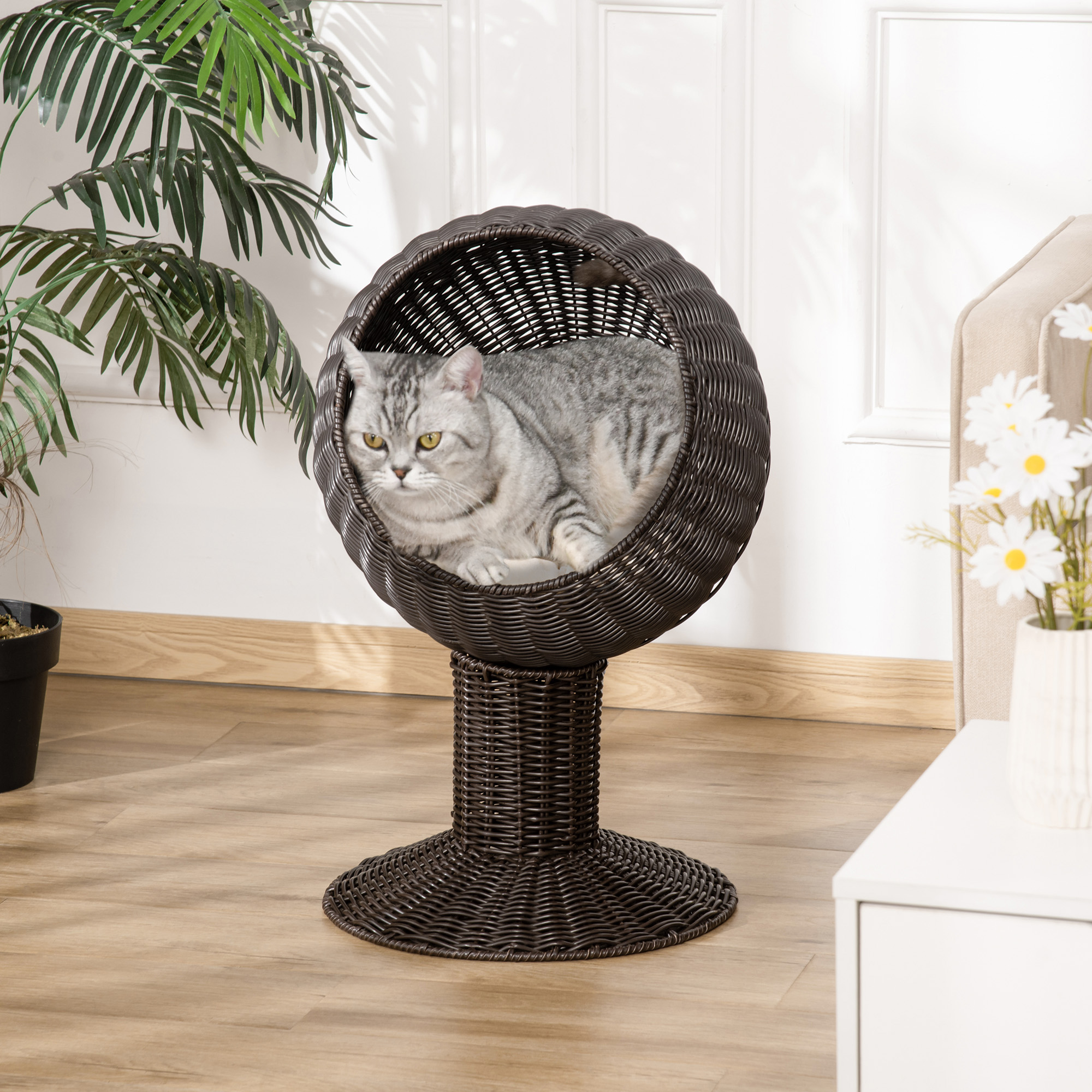 Elevated Cat Bed with Rotatable Egg Chair Pod, Cat Basket Bed with Thick Cushion, Natural