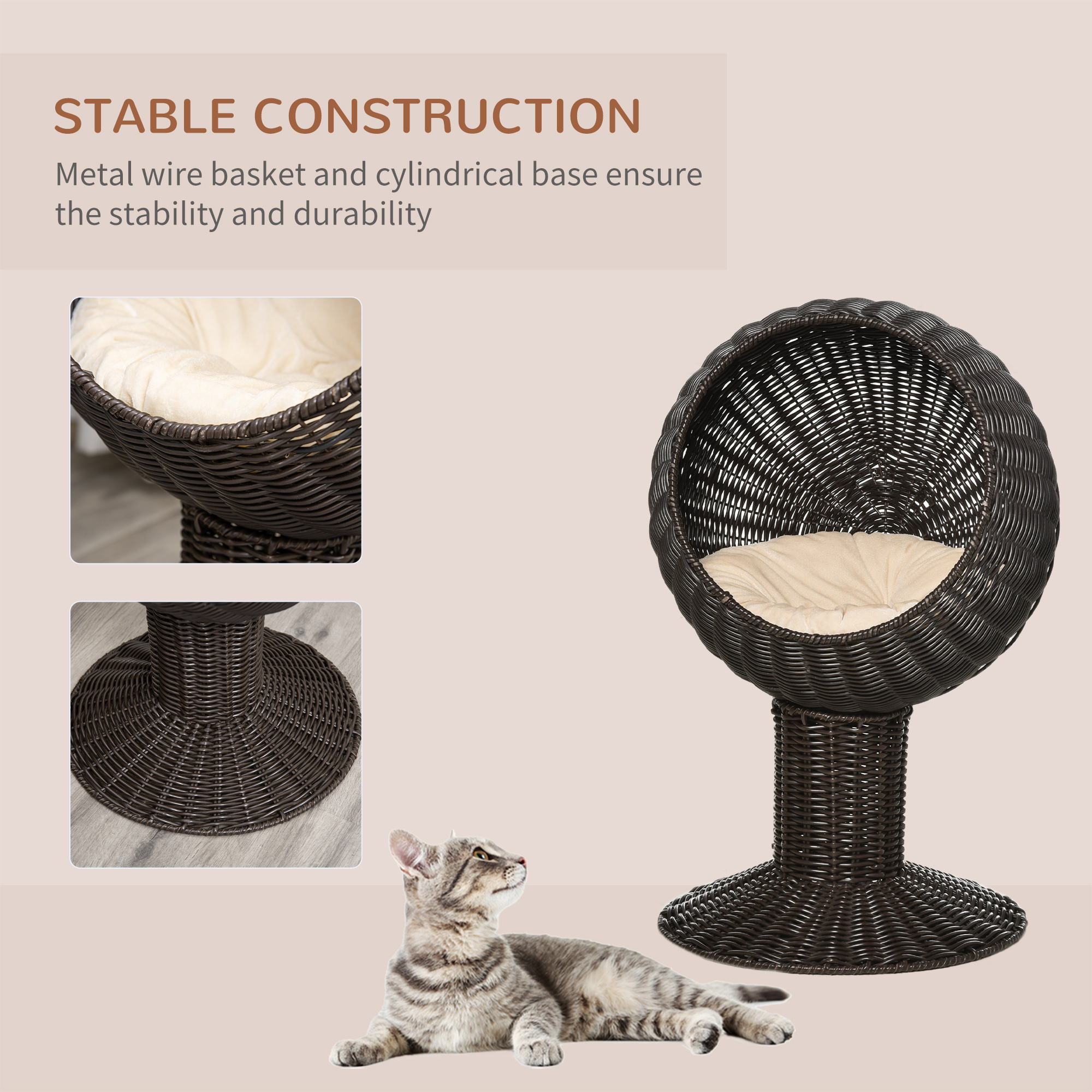 Elevated Cat Bed with Rotatable Egg Chair Pod, Cat Basket Bed with Thick Cushion, Natural