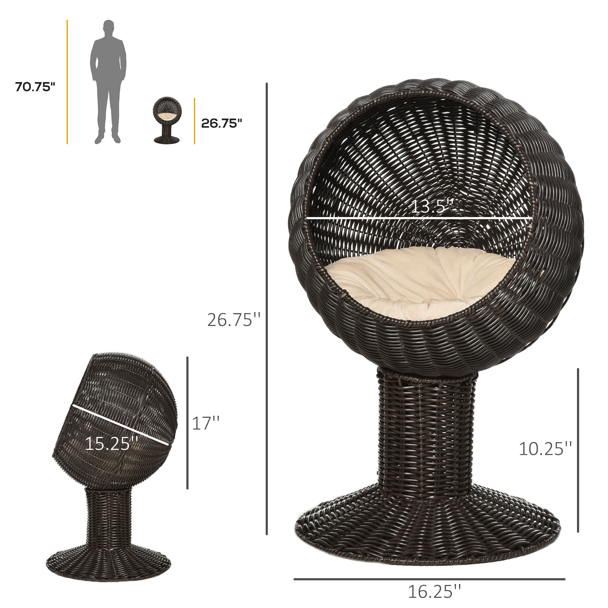Elevated Cat Bed with Rotatable Egg Chair Pod, Cat Basket Bed with Thick Cushion, Natural