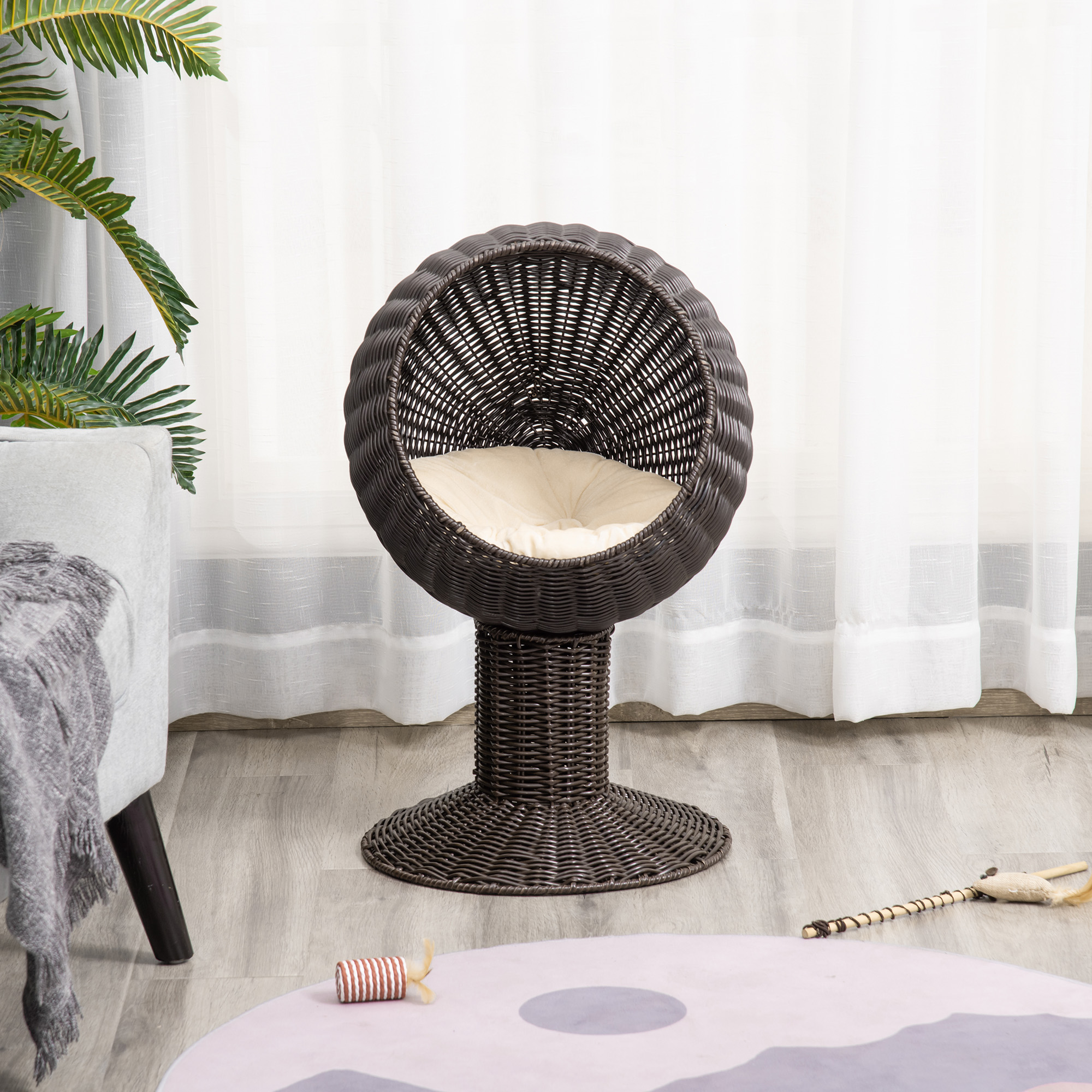 Elevated Cat Bed with Rotatable Egg Chair Pod, Cat Basket Bed with Thick Cushion, Natural