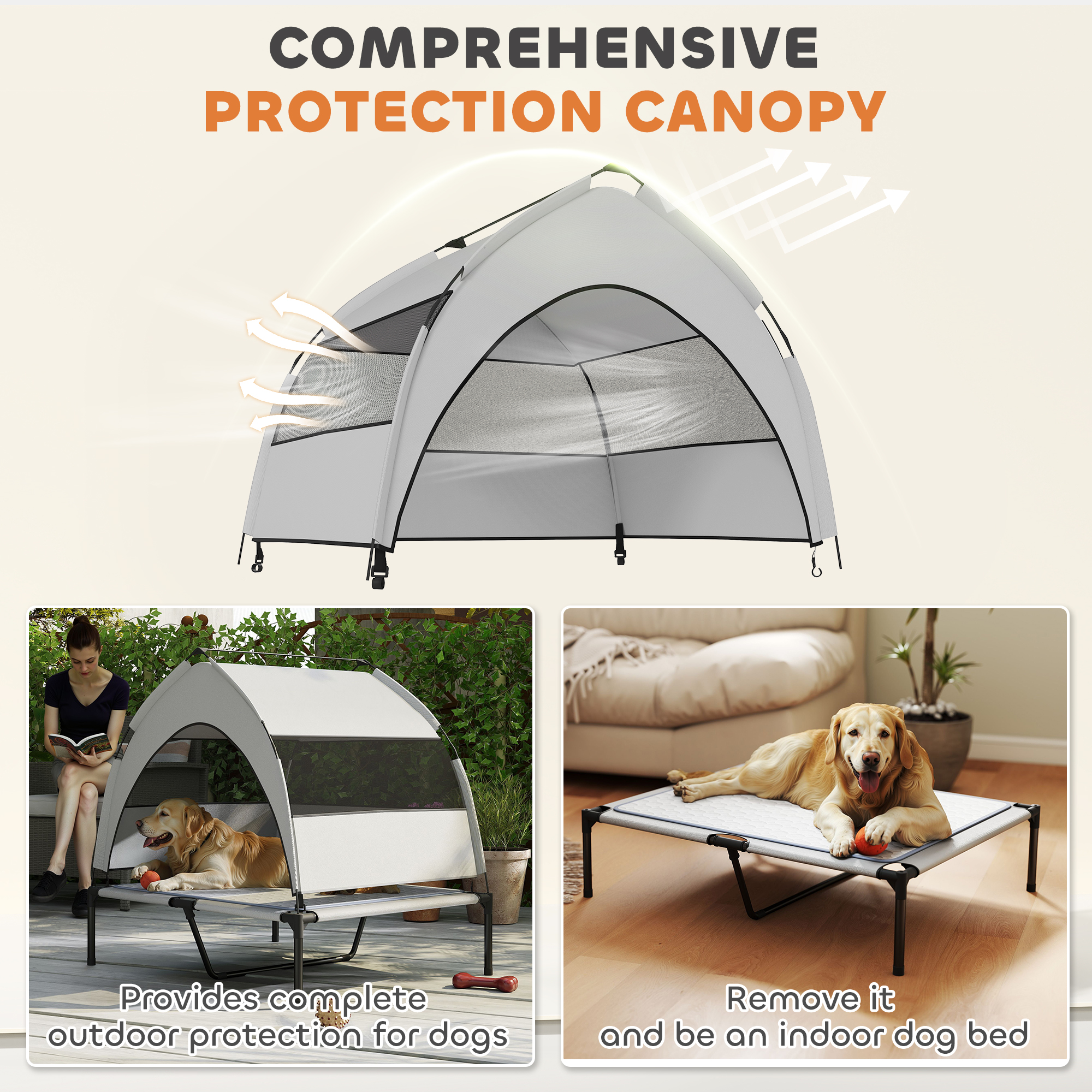 Elevated Dog Bed with Removable Canopy, Portable Outside Raised Pet Cot with Cooling Pad