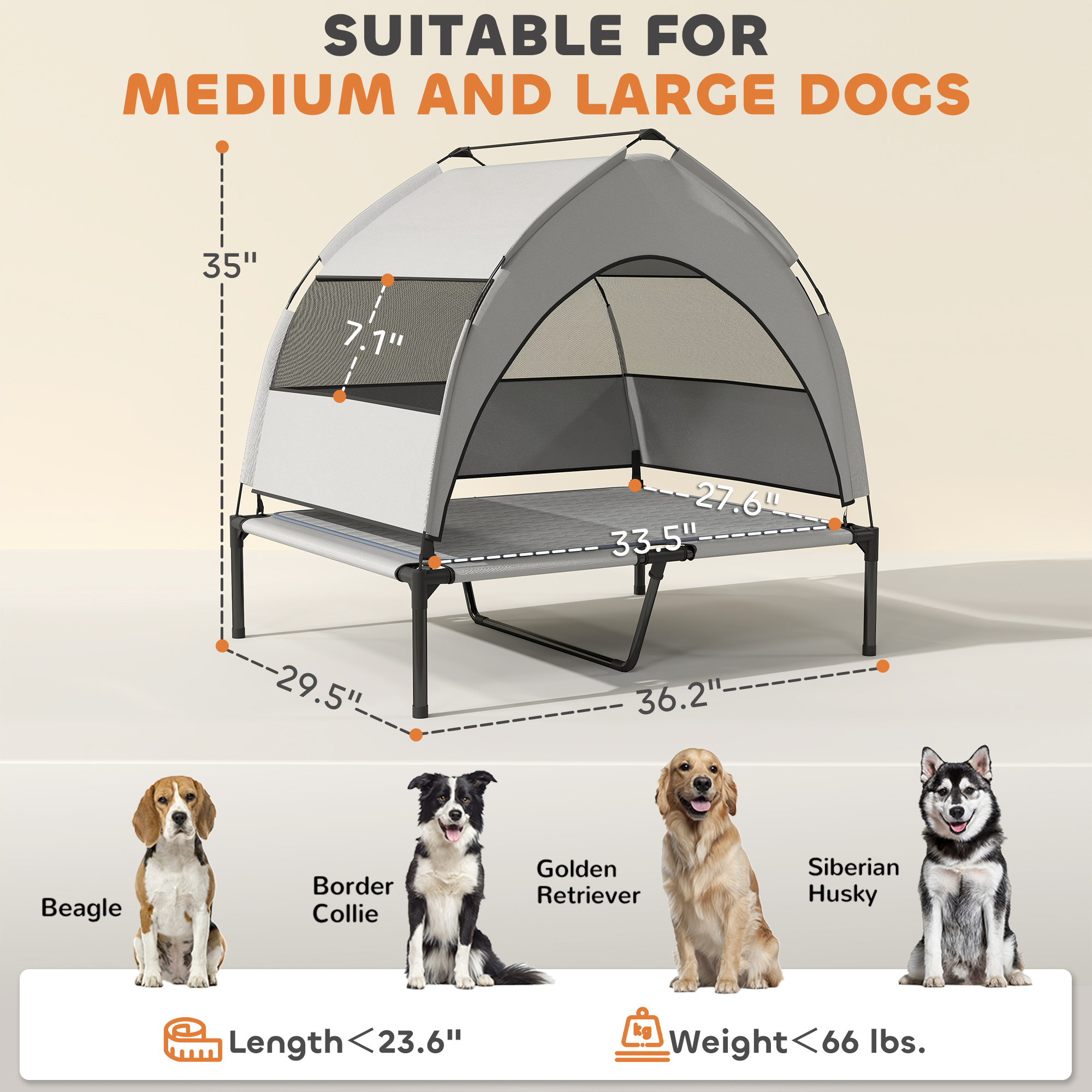 Elevated Dog Bed with Removable Canopy, Portable Outside Raised Pet Cot with Cooling Pad