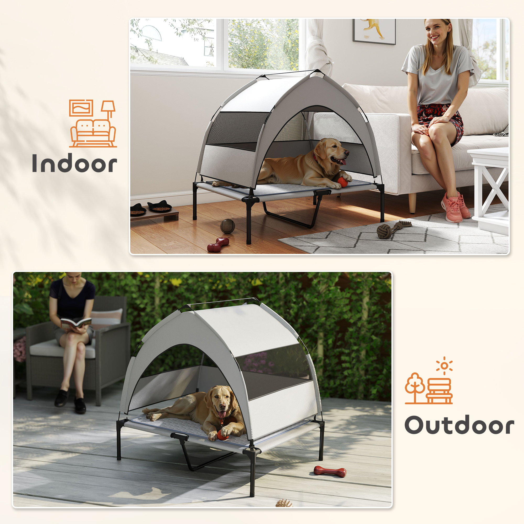 Elevated Dog Bed with Removable Canopy, Portable Outside Raised Pet Cot with Cooling Pad