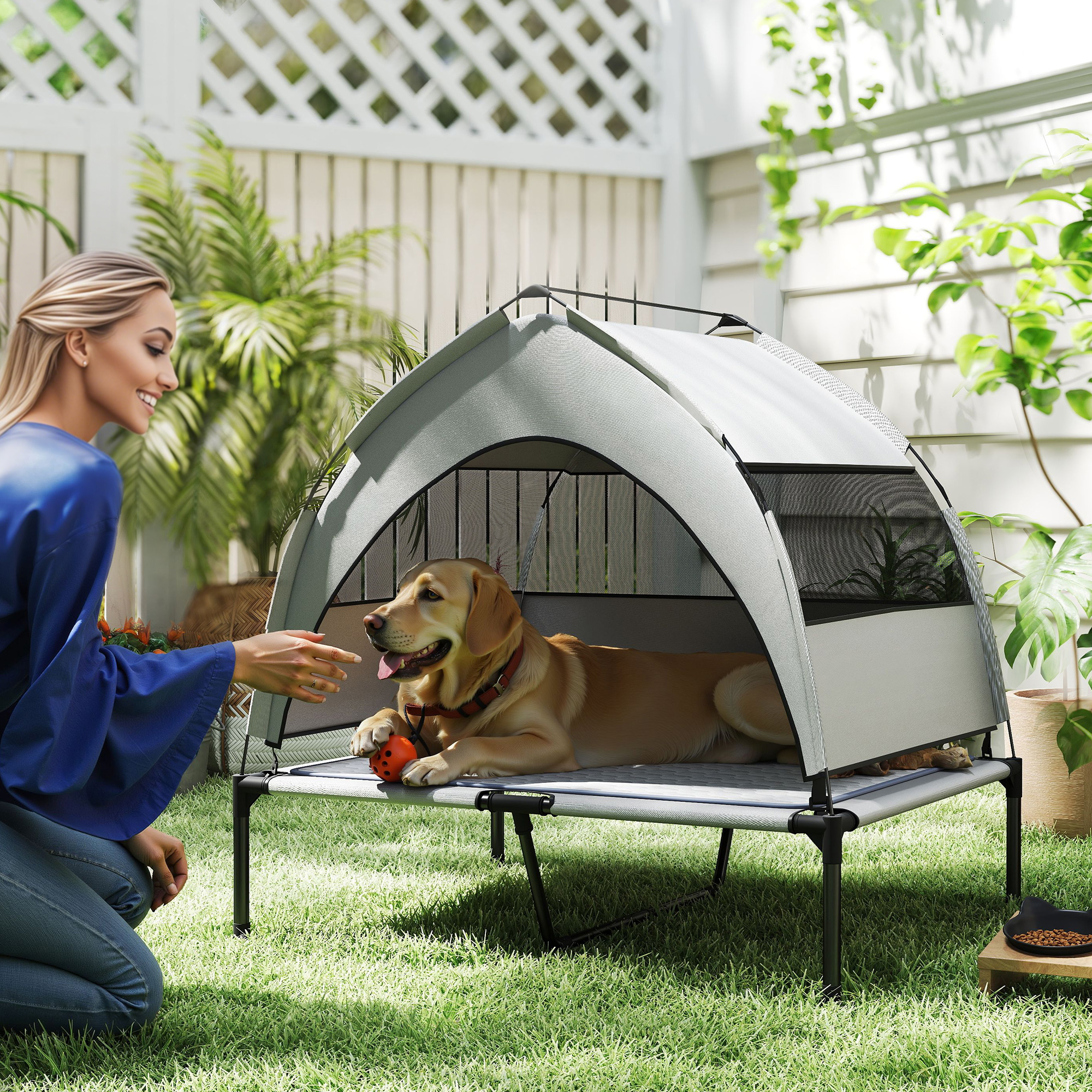 Elevated Dog Bed with Removable Canopy, Portable Outside Raised Pet Cot with Cooling Pad