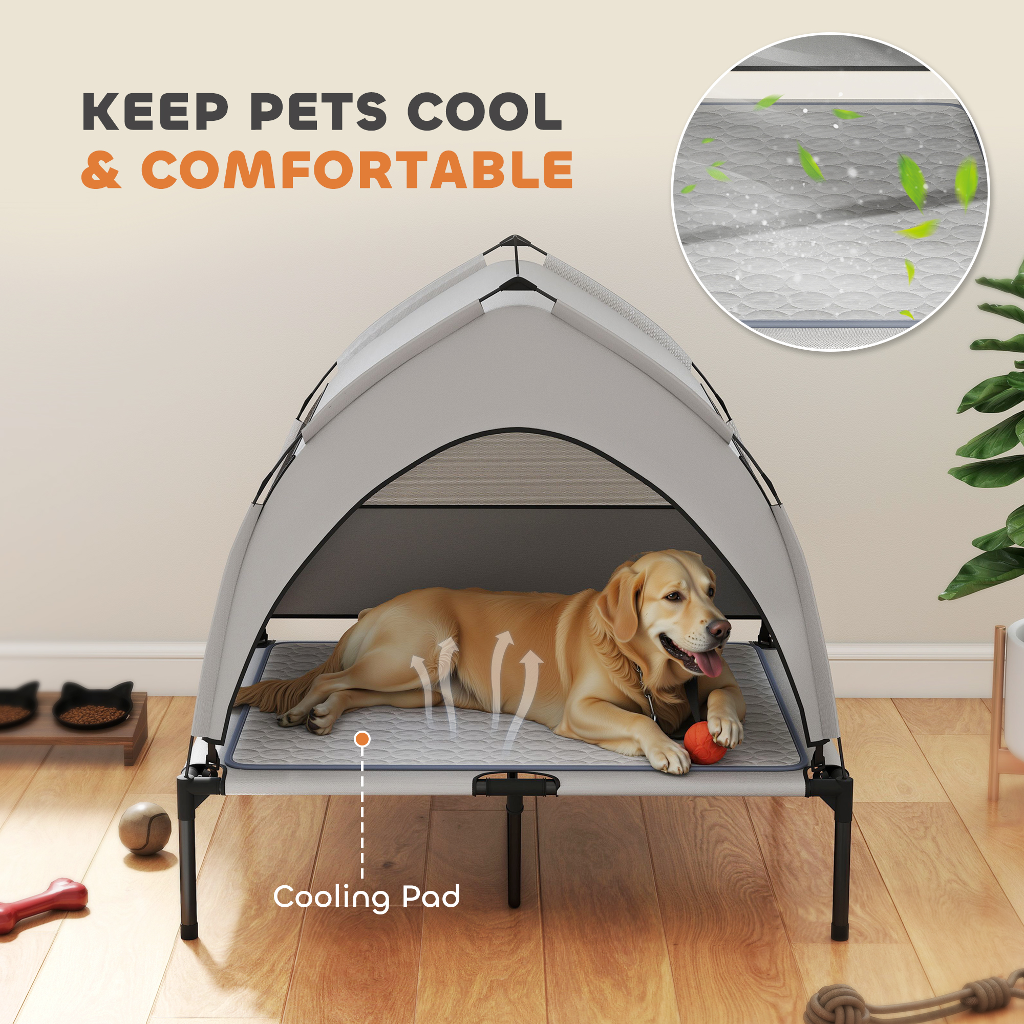 Elevated Dog Bed with Removable Canopy, Portable Outside Raised Pet Cot with Cooling Pad