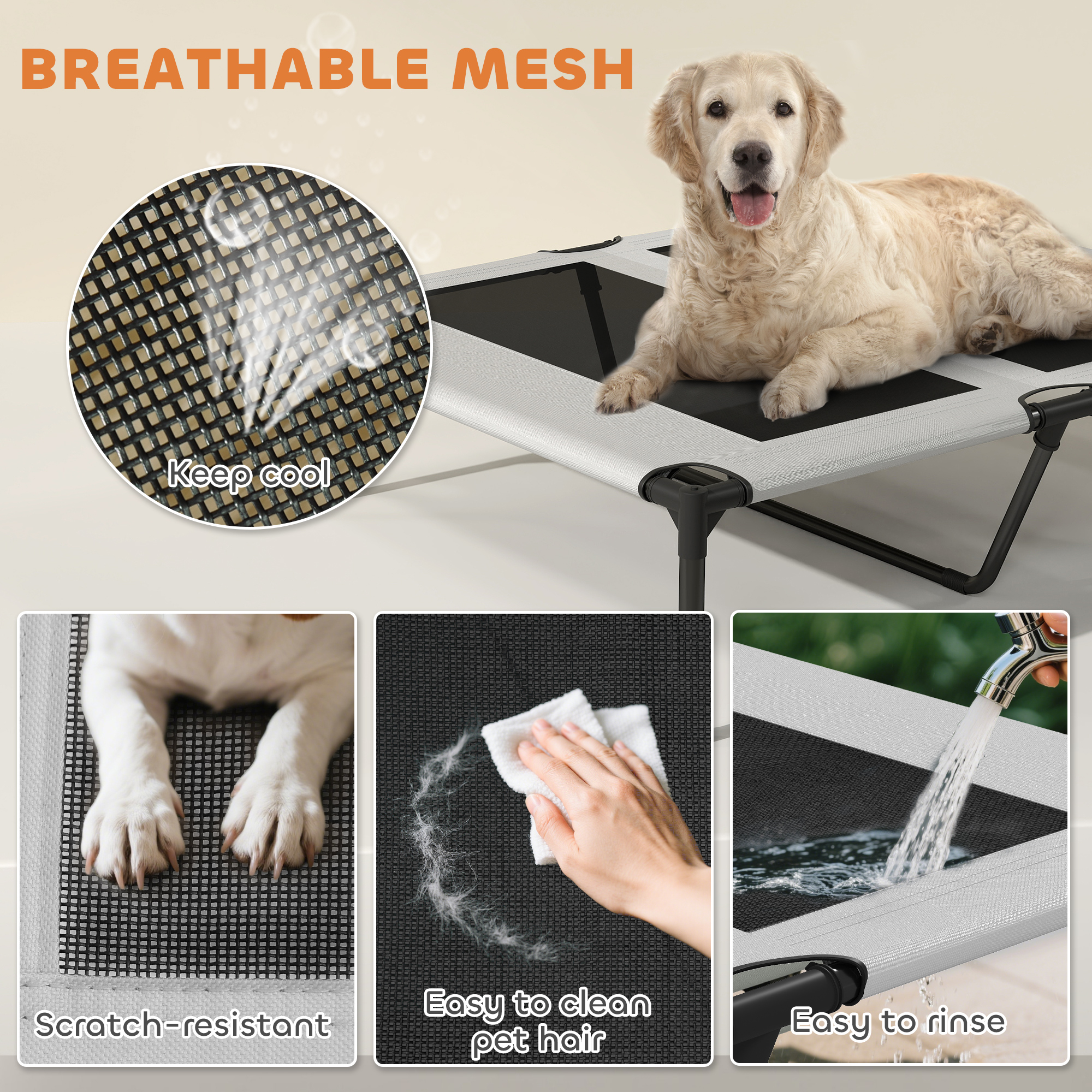 Elevated Dog Bed with Removable Canopy, Portable Outside Raised Pet Cot with Cooling Pad