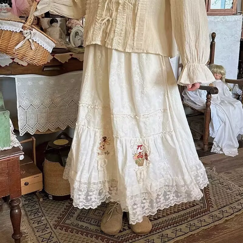 Embroidered Lace Mid-length Elastic-waist Skirt With Patchwork Floral Trim