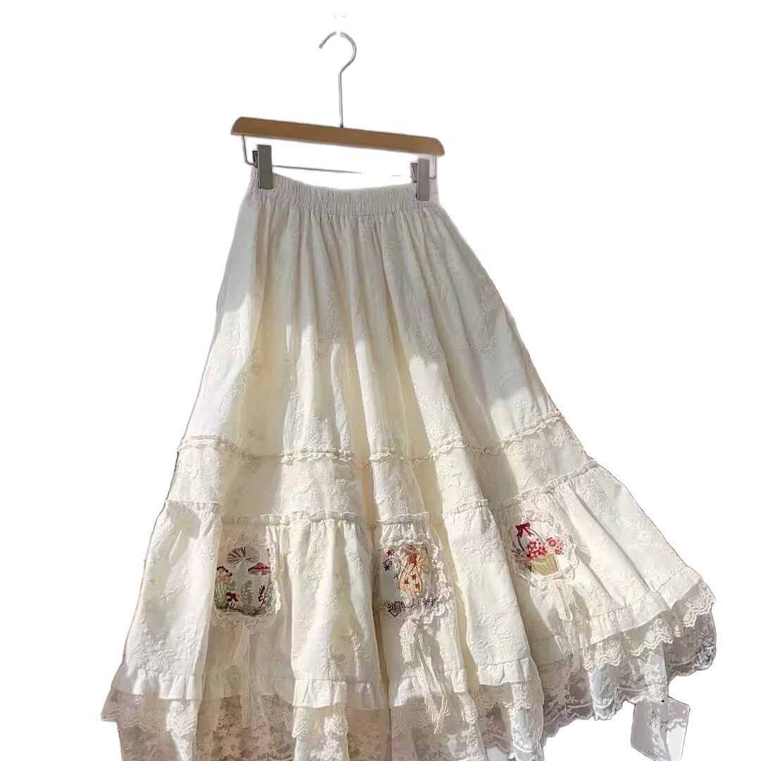Embroidered Lace Mid-length Elastic-waist Skirt With Patchwork Floral Trim