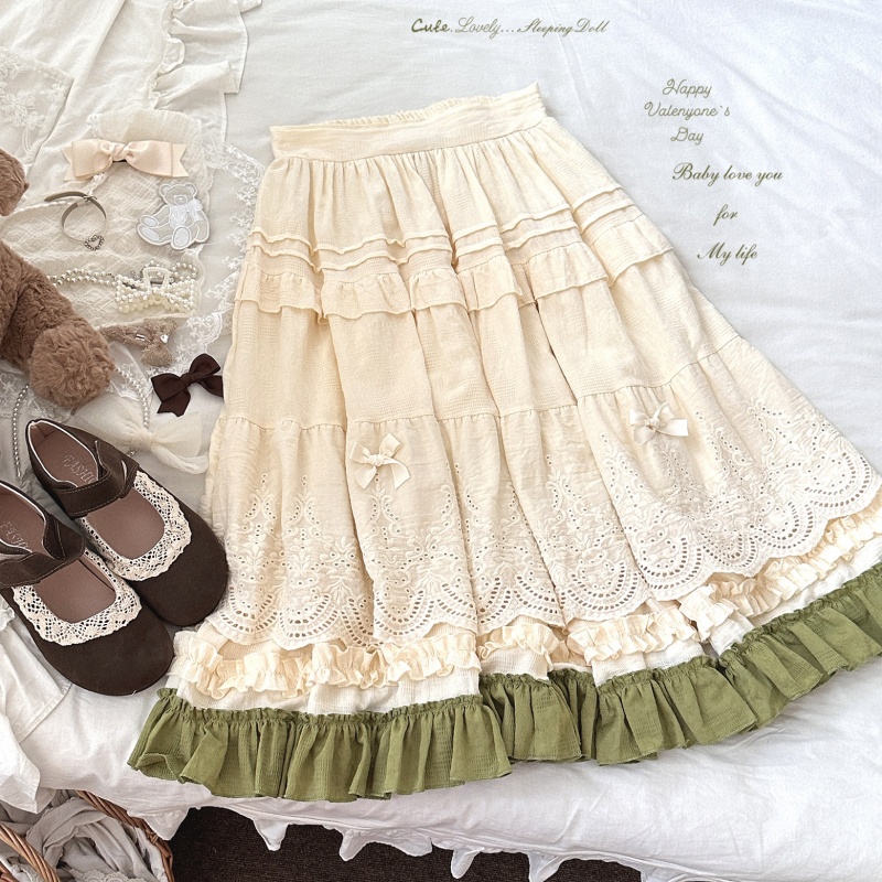 Embroidered Lace Vintage Bow Ruffle Tiered Skirt
