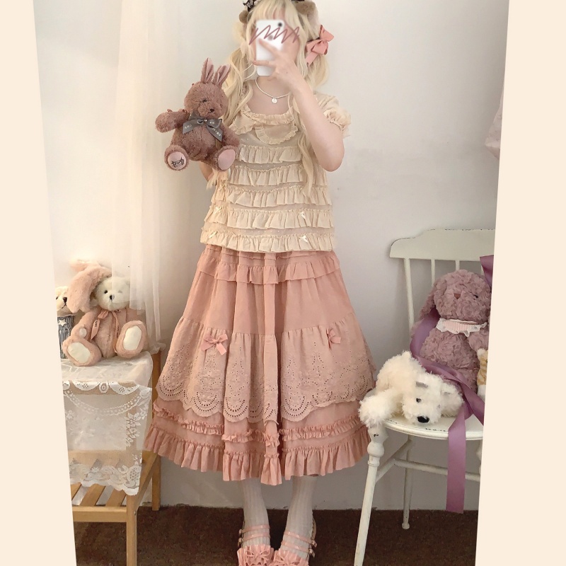 Embroidered Lace Vintage Bow Ruffle Tiered Skirt