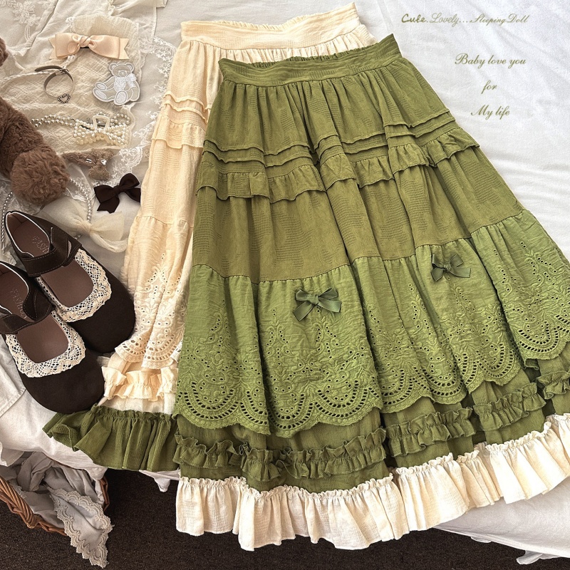 Embroidered Lace Vintage Bow Ruffle Tiered Skirt