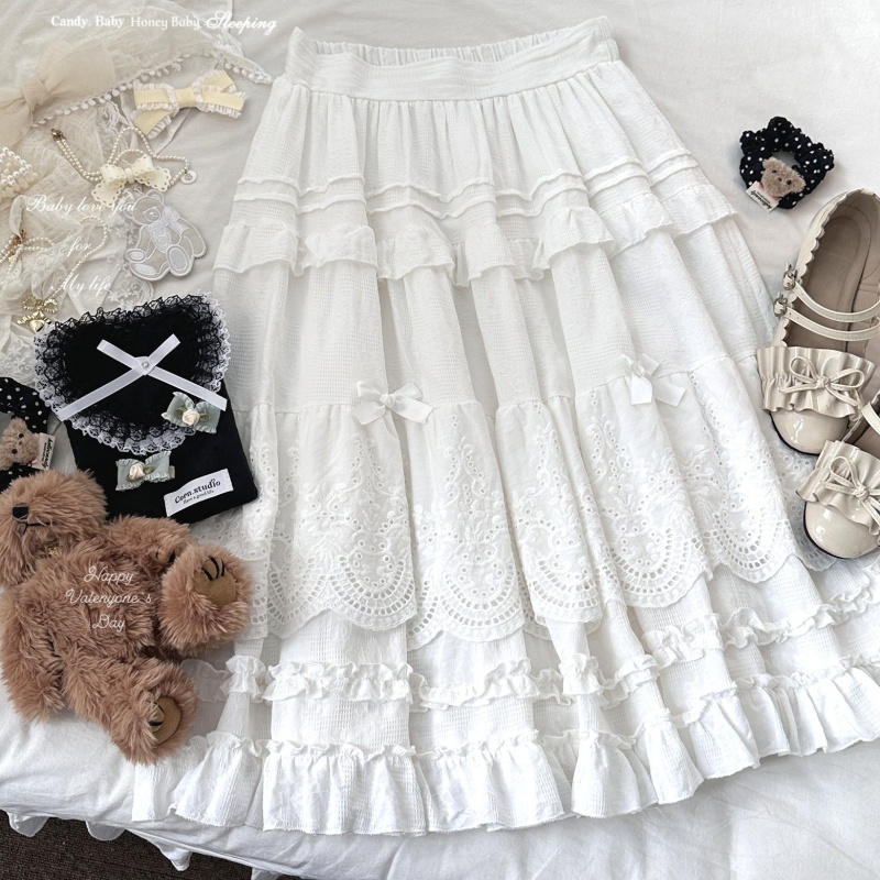 Embroidered Lace Vintage Bow Ruffle Tiered Skirt