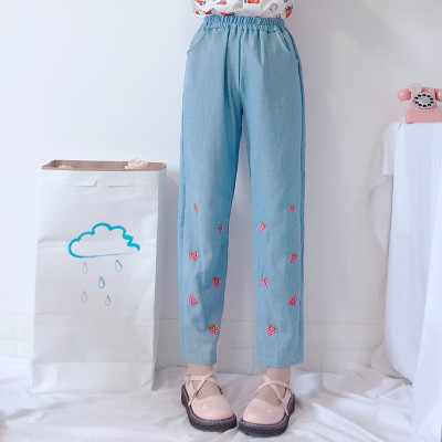 Embroidered strawberry jeans