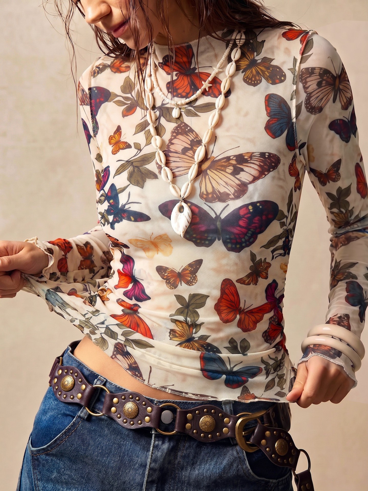 Europe And The United States 2026 Autumn New Butterfly Printed Mesh Half-high Collar Top