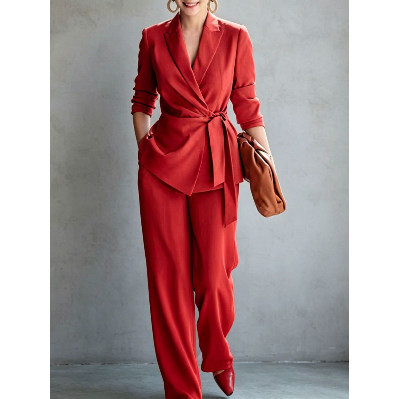 European And American 2026 Autumn Fashion Elegant Women's Casual Solid Color Suit With Tie