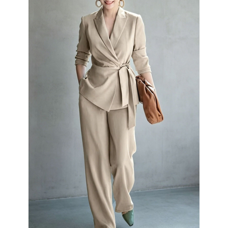 European And American 2026 Autumn Fashion Elegant Women's Casual Solid Color Suit With Tie