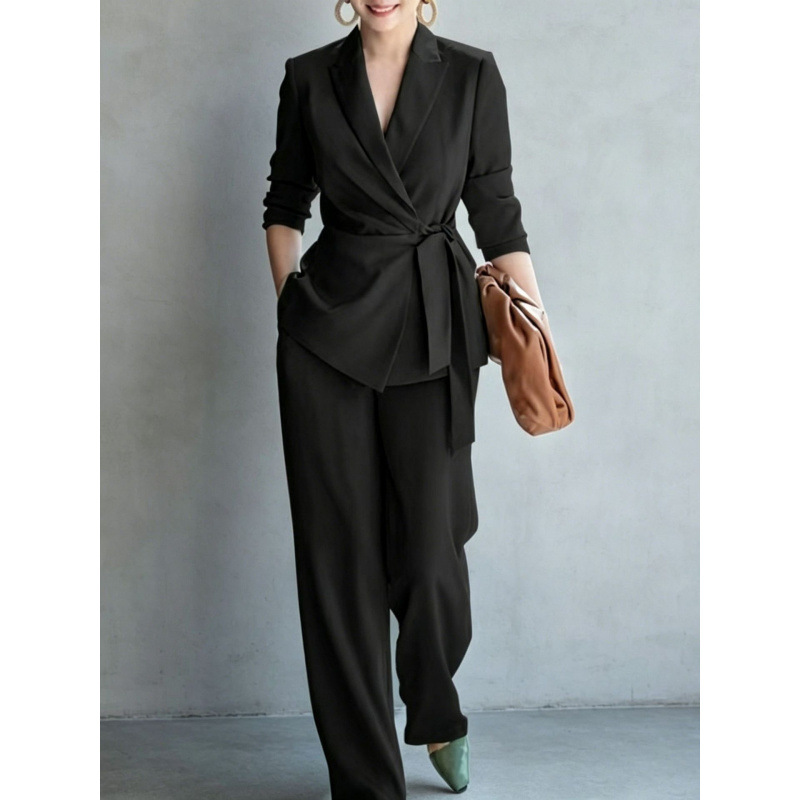 European And American 2026 Autumn Fashion Elegant Women's Casual Solid Color Suit With Tie