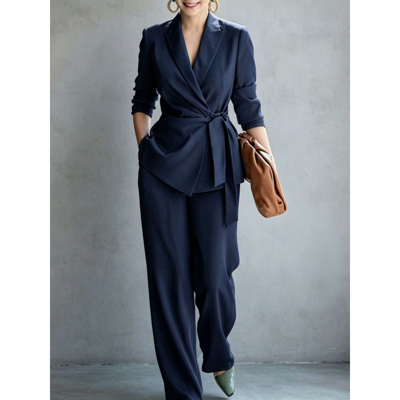 European And American 2026 Autumn Fashion Elegant Women's Casual Solid Color Suit With Tie