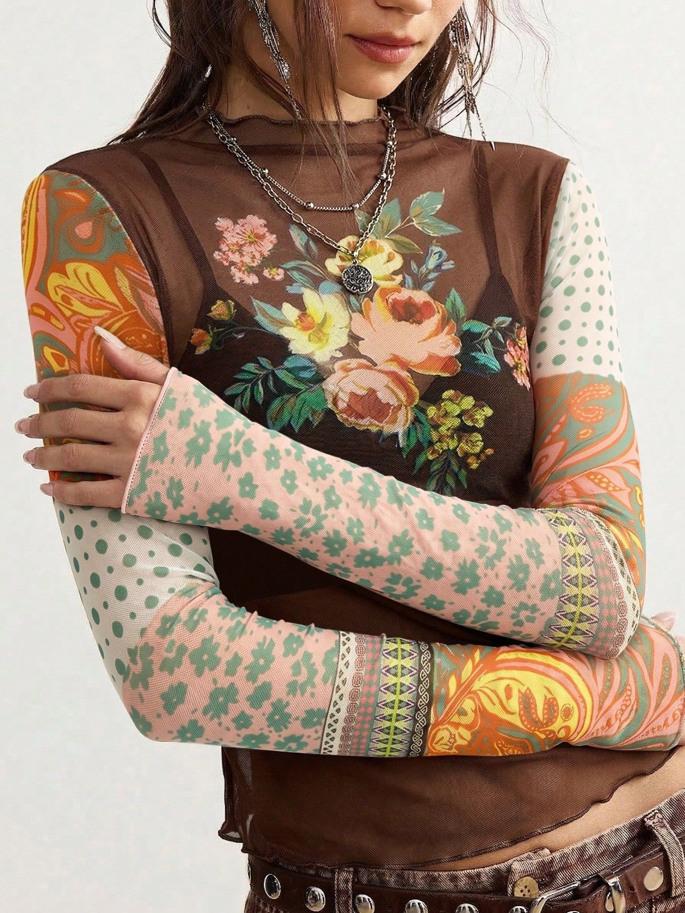 European And American 2026 Autumn New Mesh Printed Slim-fit Top With Ruffled Long Sleeves
