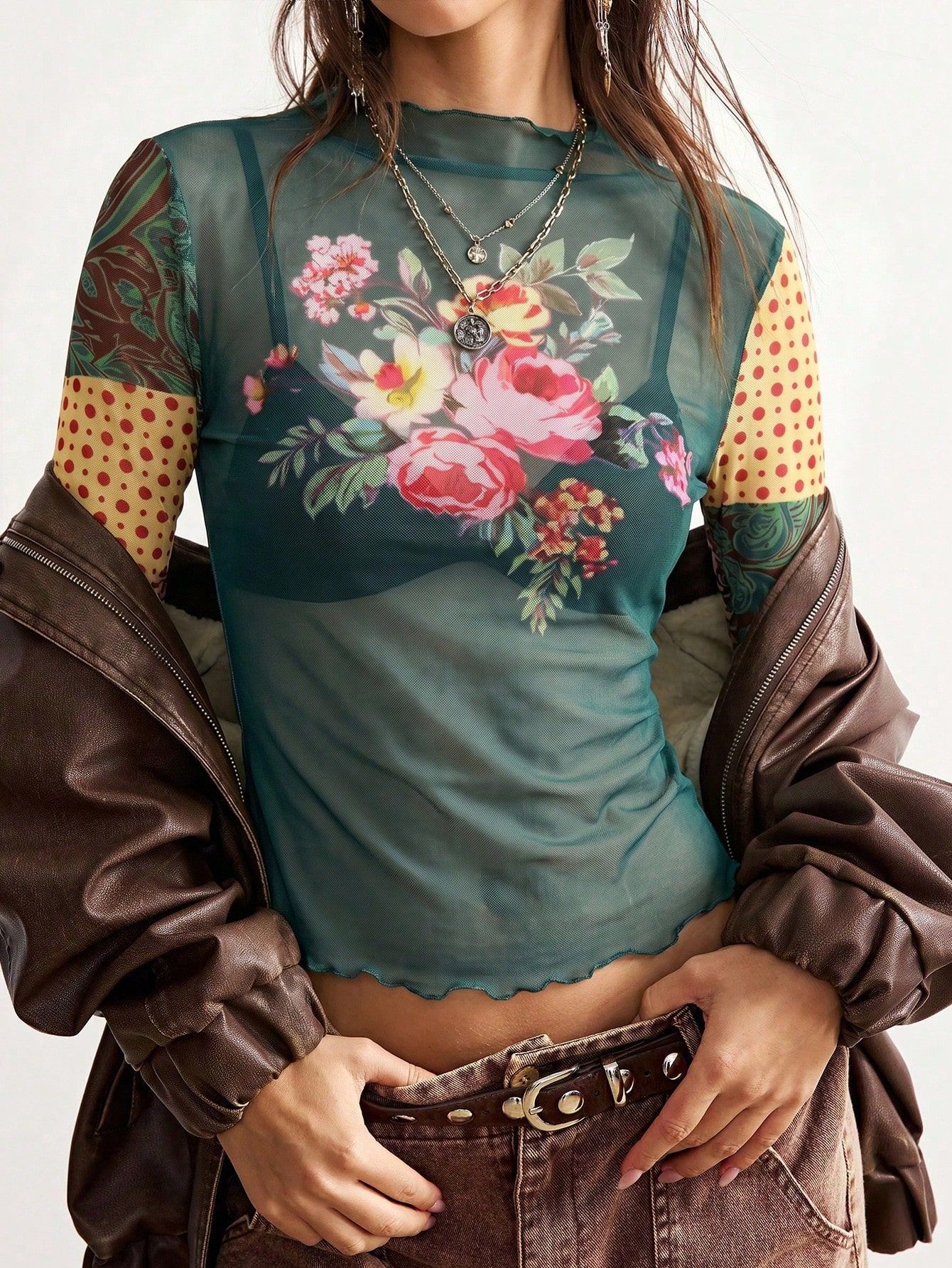 European And American 2026 Autumn New Mesh Printed Slim-fit Top With Ruffled Long Sleeves