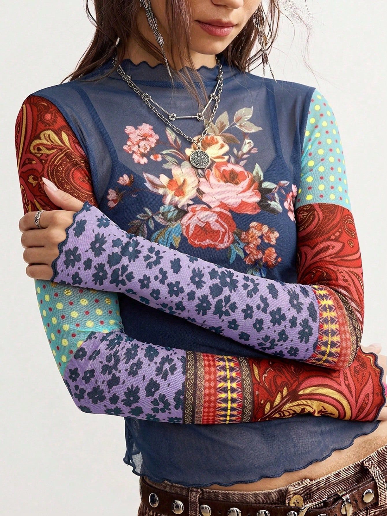 European And American 2026 Autumn New Mesh Printed Slim-fit Top With Ruffled Long Sleeves