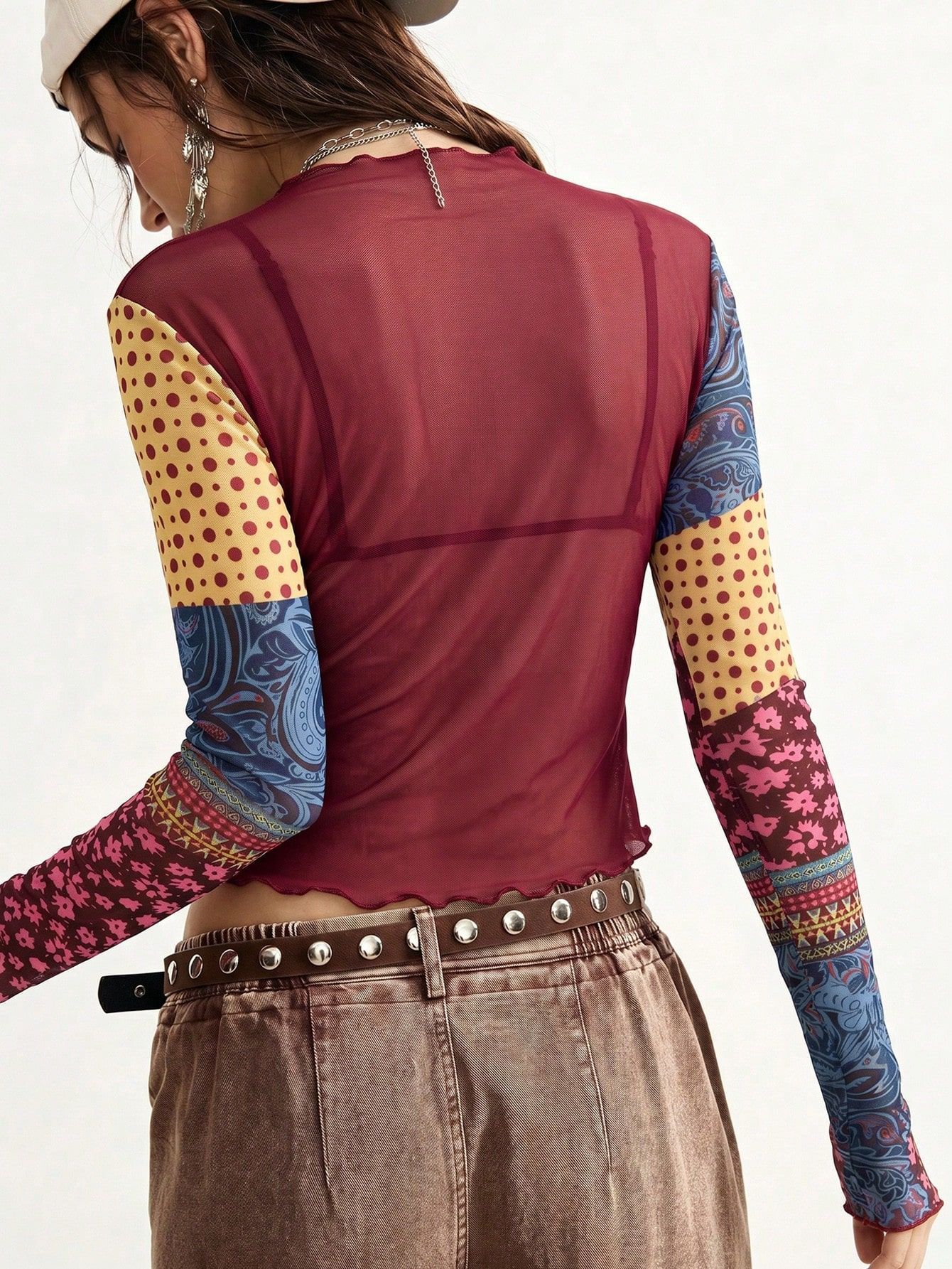 European And American 2026 Autumn New Mesh Printed Slim-fit Top With Ruffled Long Sleeves