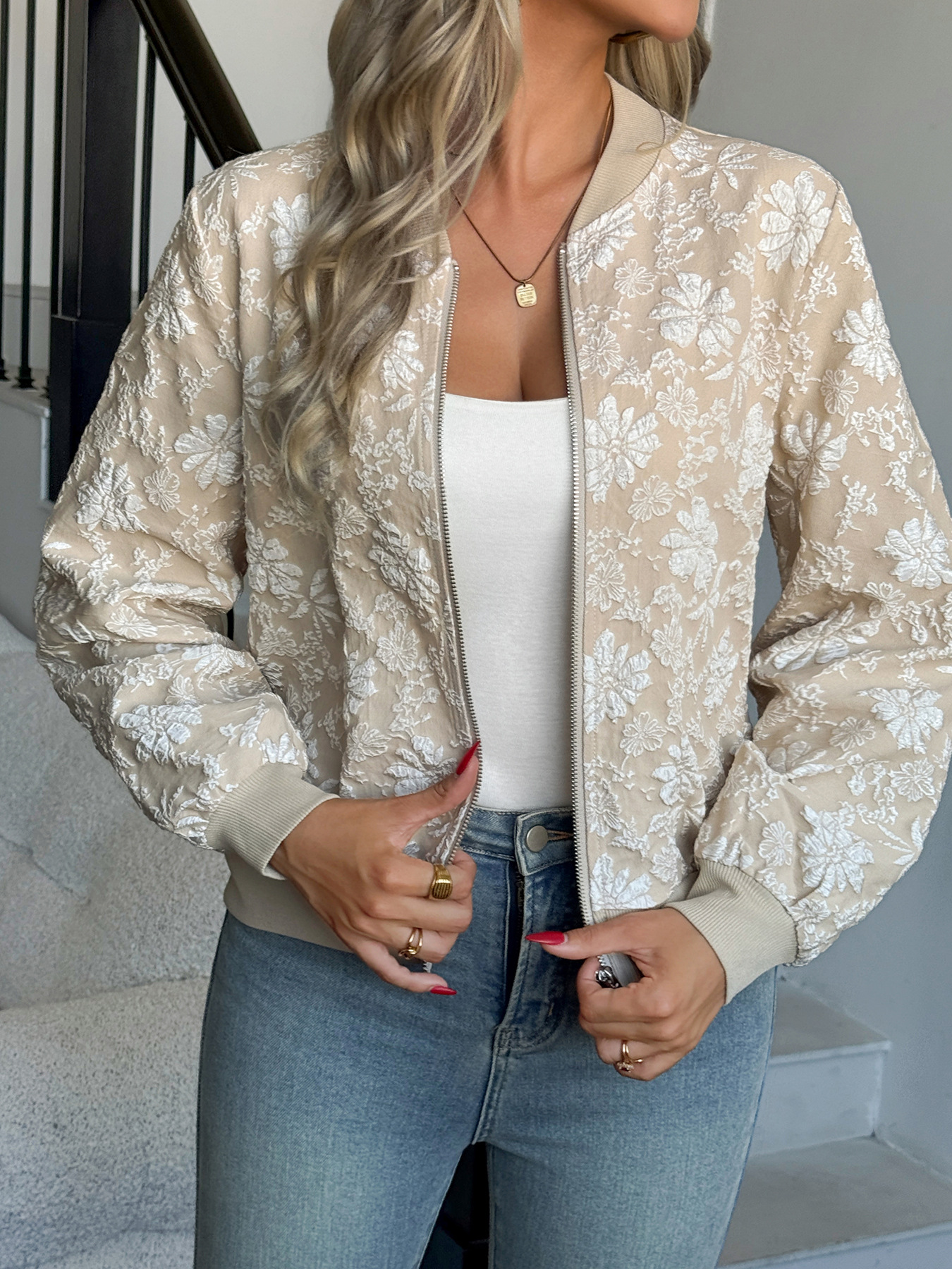 Nueva chaqueta con cremallera Jacquard europea y americana de primavera y otoño de 2026, corte holgado