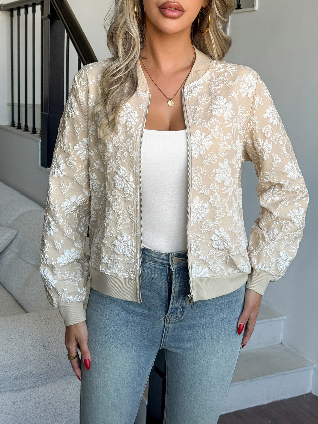 Nueva chaqueta con cremallera Jacquard europea y americana de primavera y otoño de 2026, corte holgado