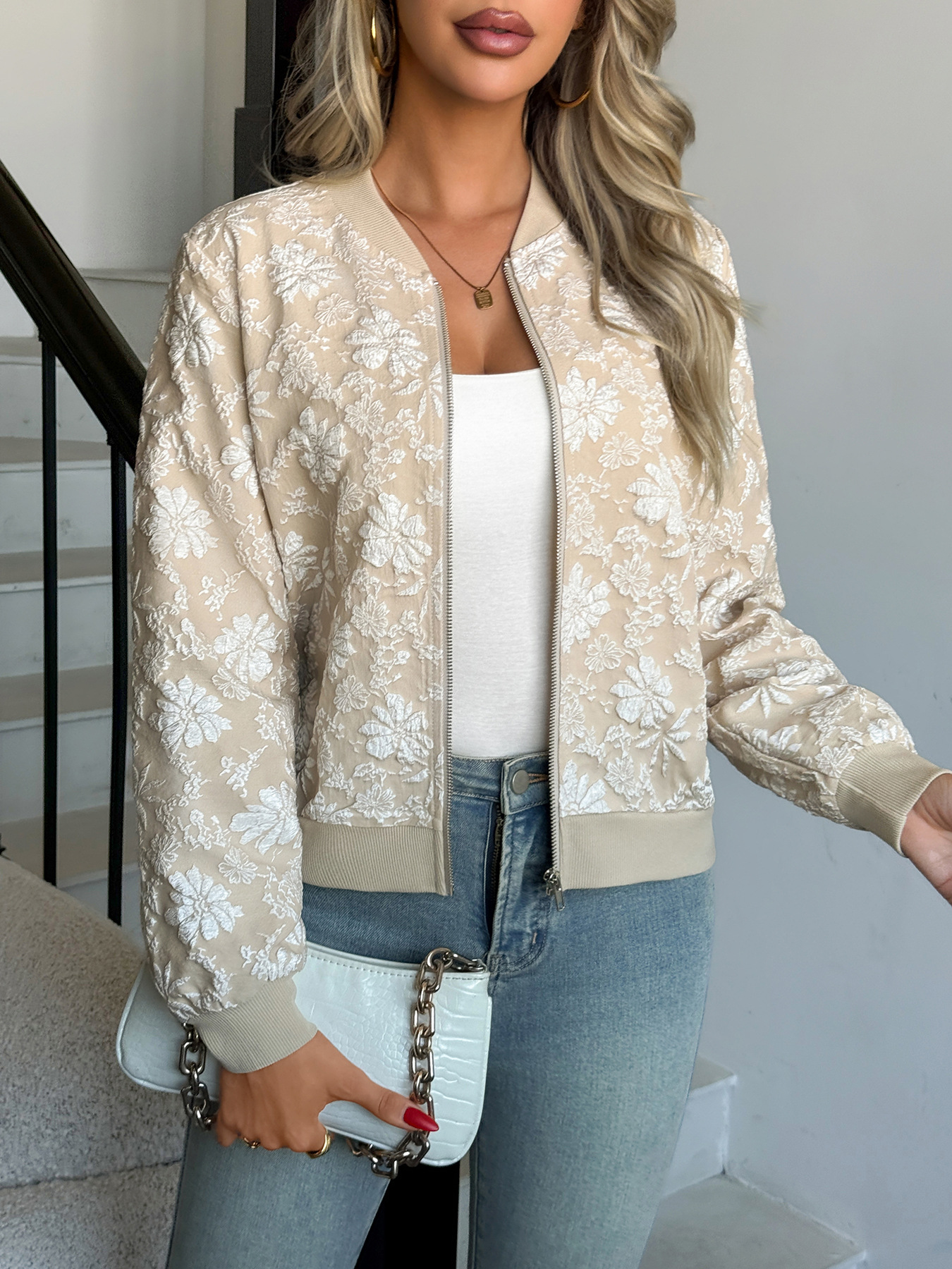 Nueva chaqueta con cremallera Jacquard europea y americana de primavera y otoño de 2026, corte holgado