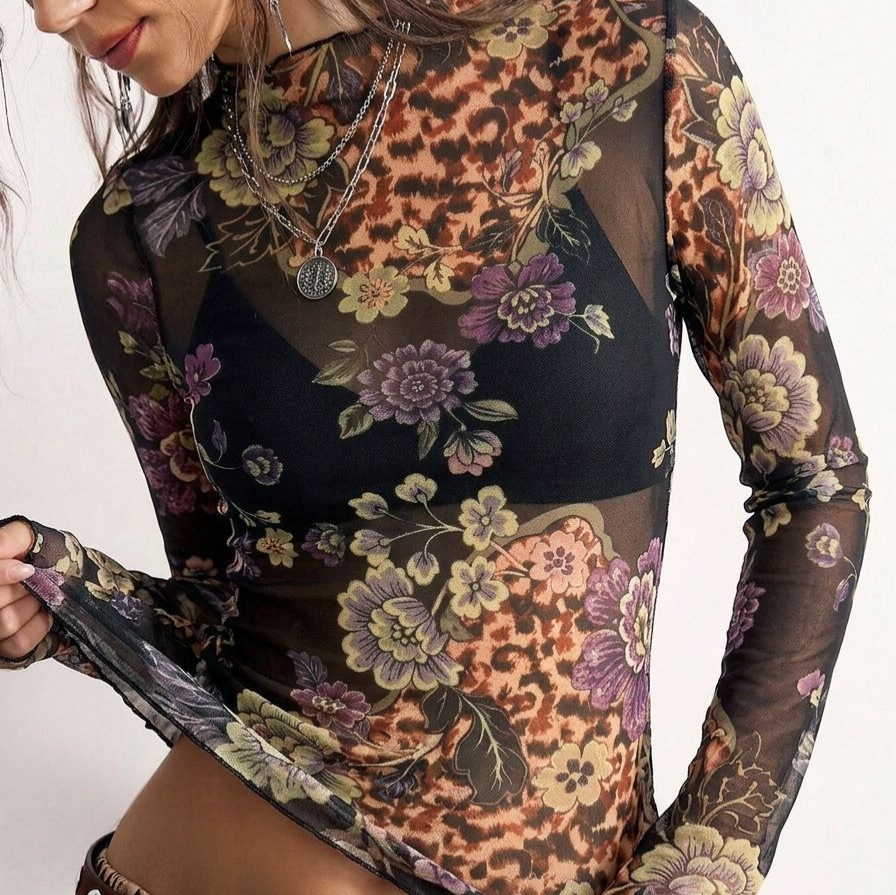 European And American Amazon 2026 New Vintage Floral Print T-shirt Slim-fit Mesh