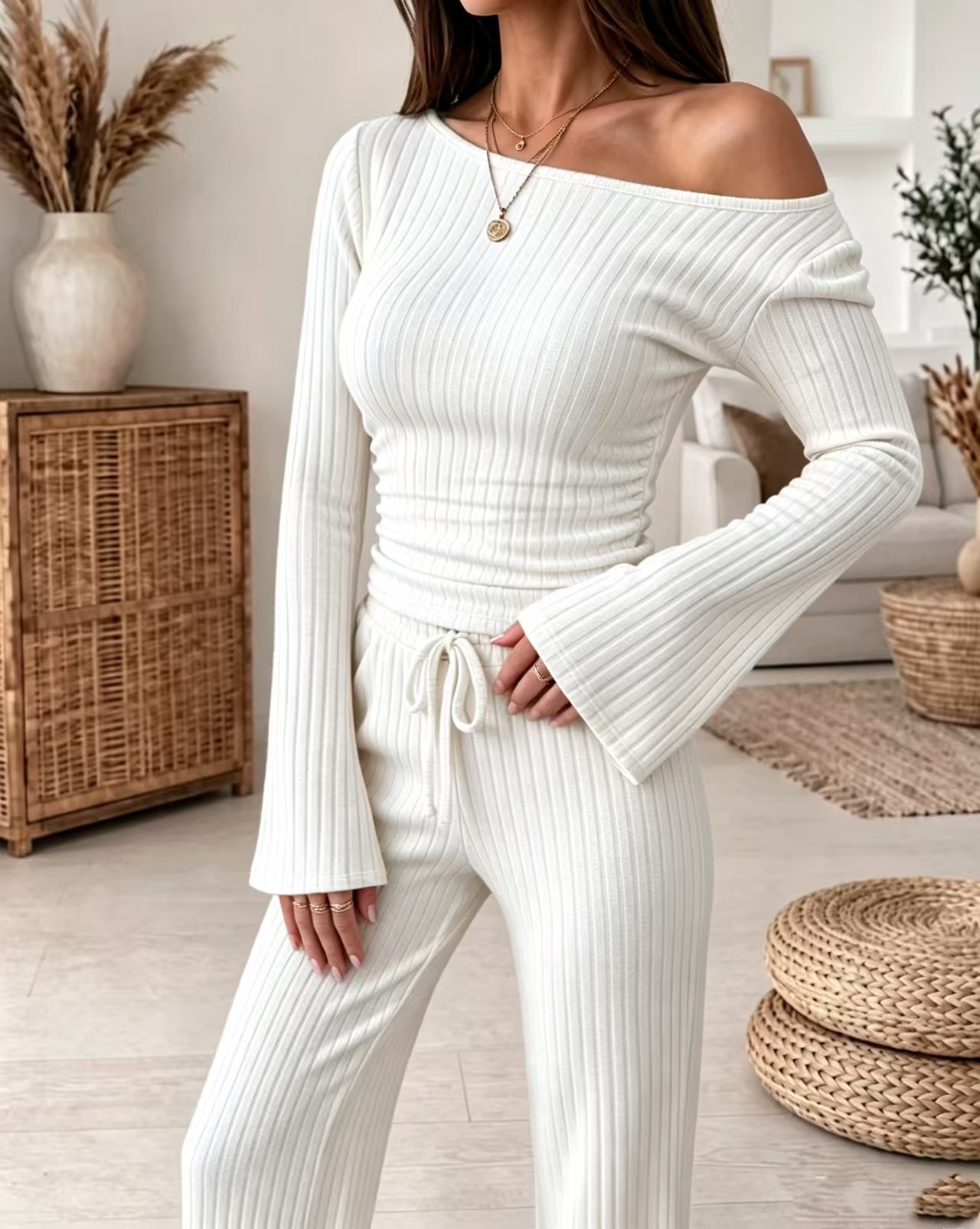 European And American Autumn And Winter Knitted Ribbed One-shoulder Top Wide-leg Pants