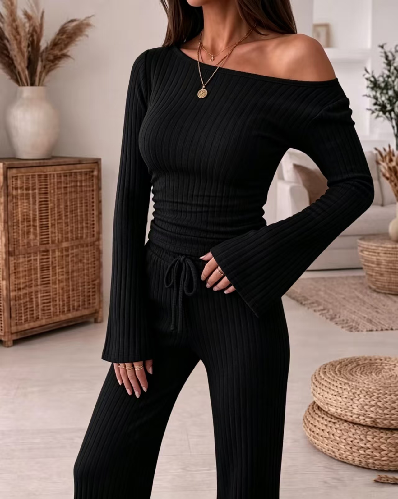 European And American Autumn And Winter Knitted Ribbed One-shoulder Top Wide-leg Pants