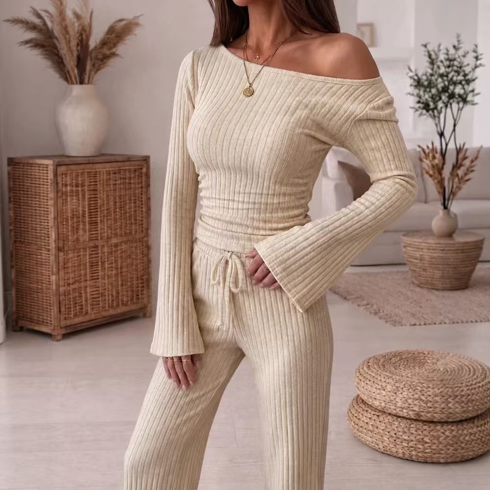 European And American Autumn And Winter Knitted Ribbed One-shoulder Top Wide-leg Pants