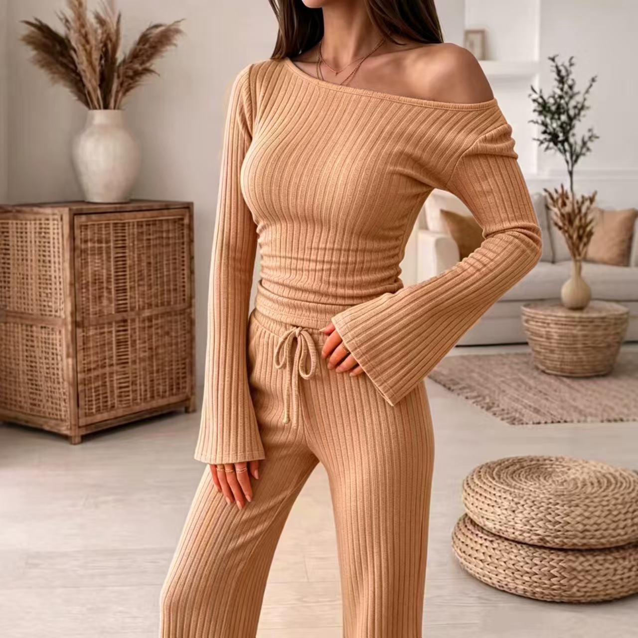 European And American Autumn And Winter Knitted Ribbed One-shoulder Top Wide-leg Pants