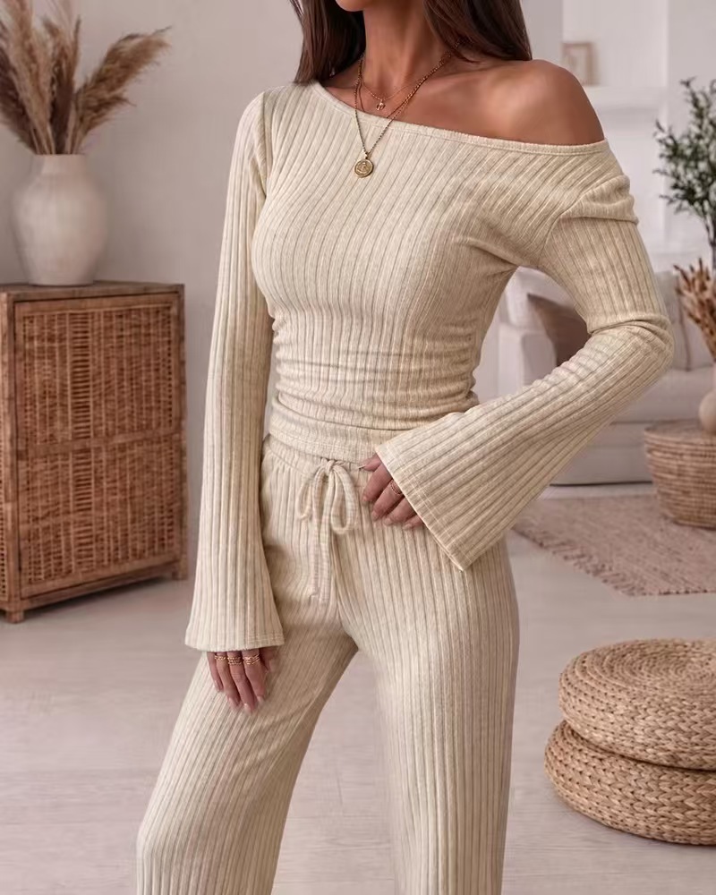 European And American Autumn And Winter Knitted Ribbed One-shoulder Top Wide-leg Pants