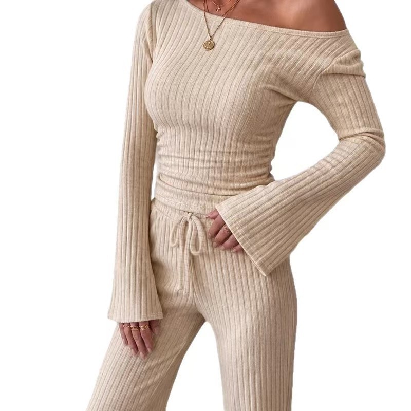 European And American Autumn And Winter Knitted Ribbed One-shoulder Top Wide-leg Pants