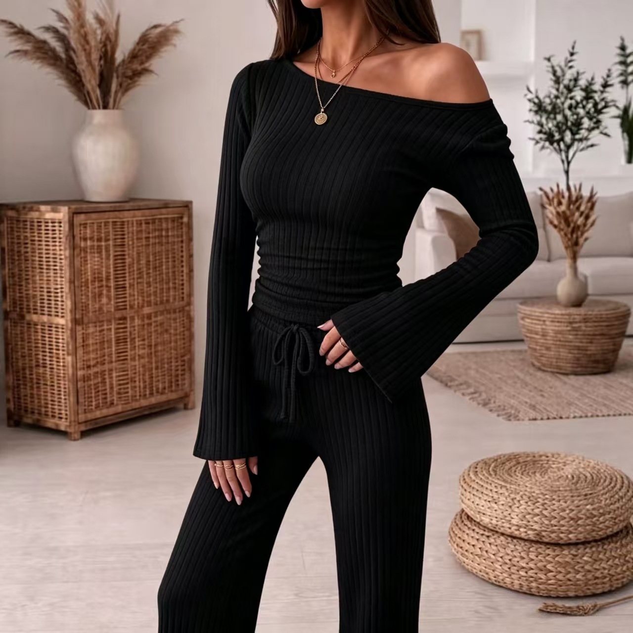 European And American Autumn And Winter Knitted Ribbed One-shoulder Top Wide-leg Pants