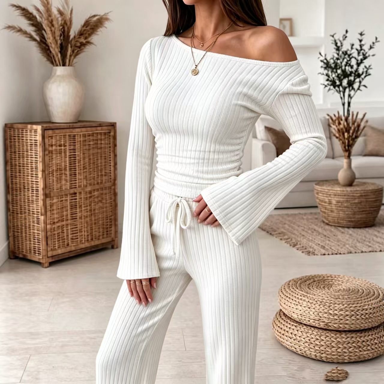 European And American Autumn And Winter Knitted Ribbed One-shoulder Top Wide-leg Pants